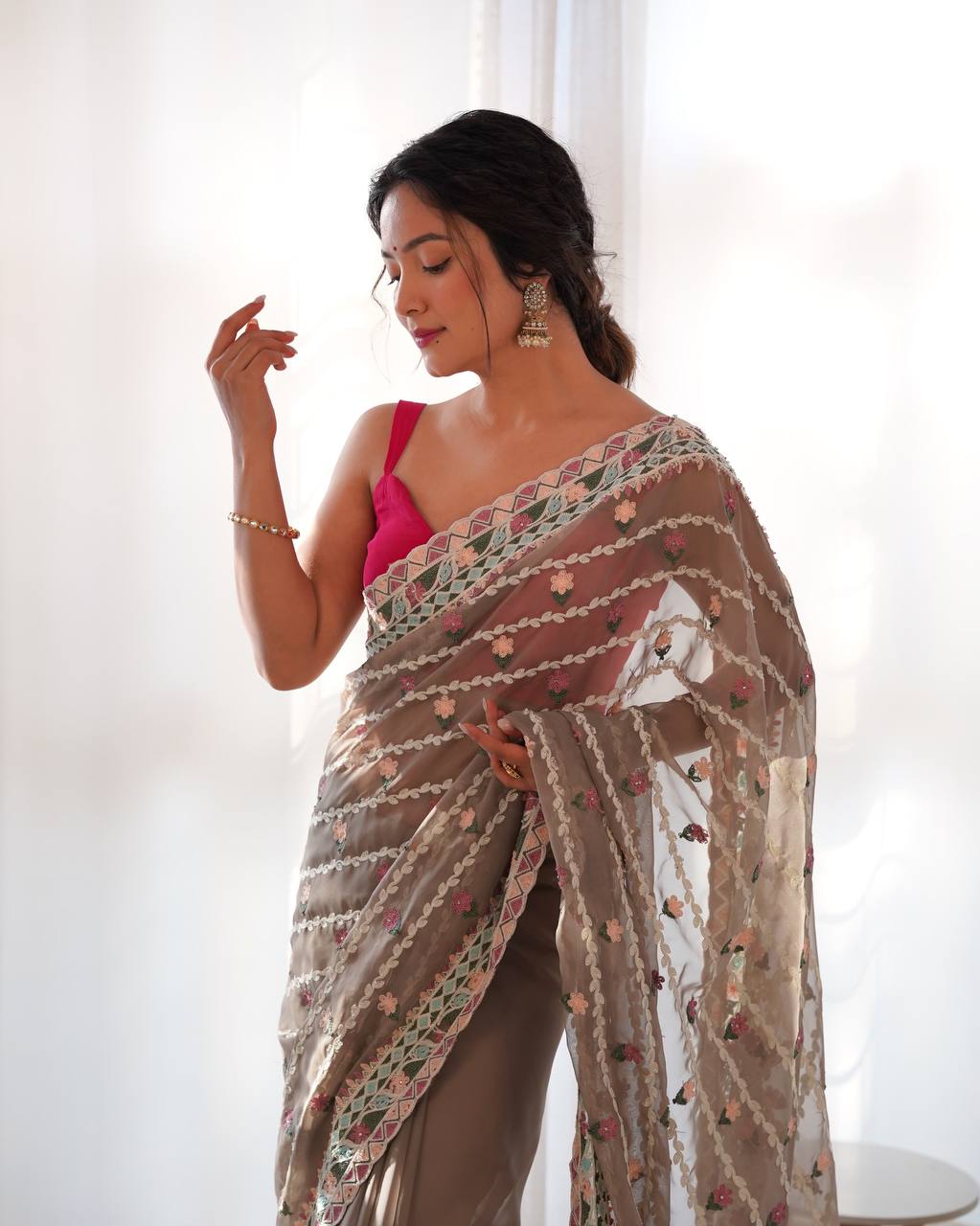 Teeya Creation Gajari Color Thai Organza Silk Embroidery Work Saree - Distacart