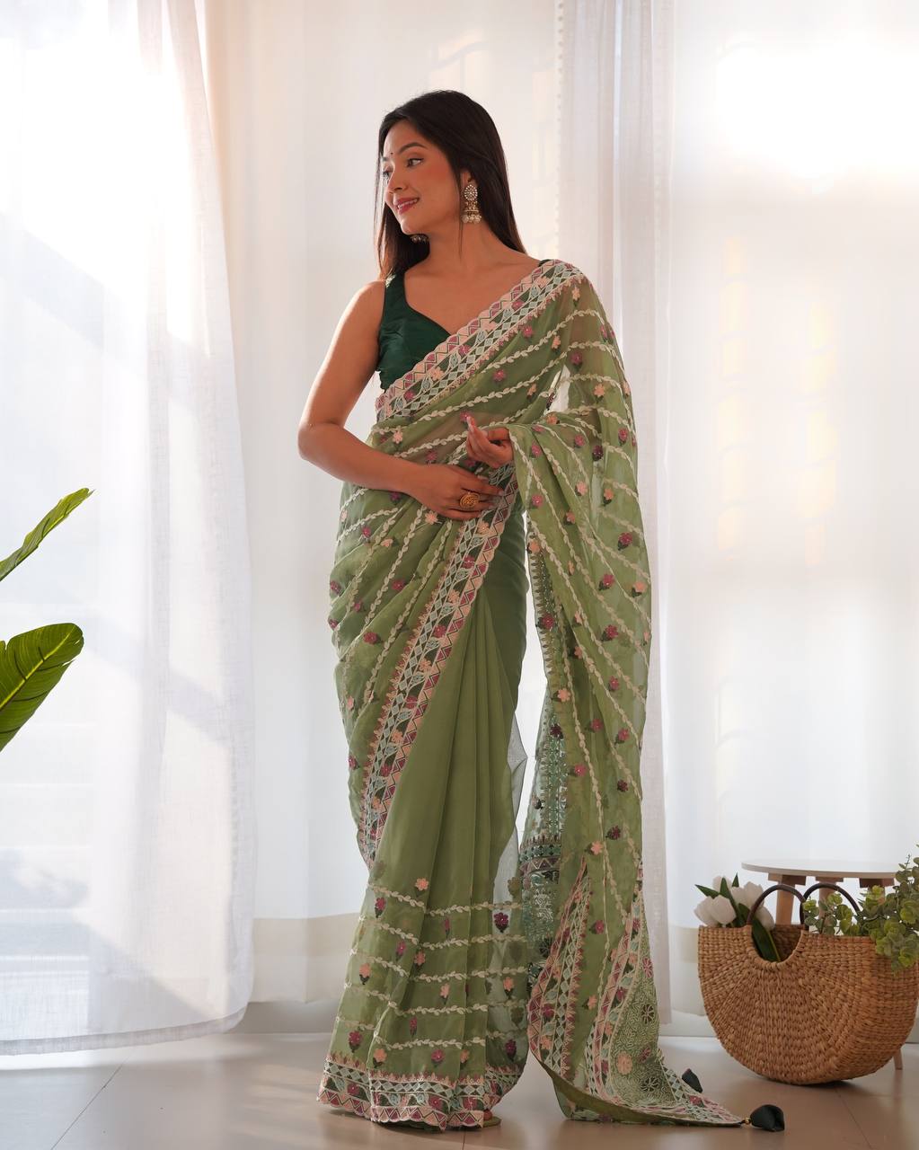 Teeya Creation Gajari Color Thai Organza Silk Embroidery Work Saree - Distacart