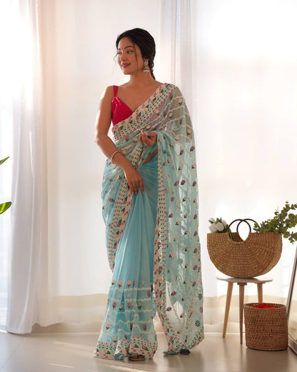 Teeya Creation Gajari Color Thai Organza Silk Embroidery Work Saree - Distacart