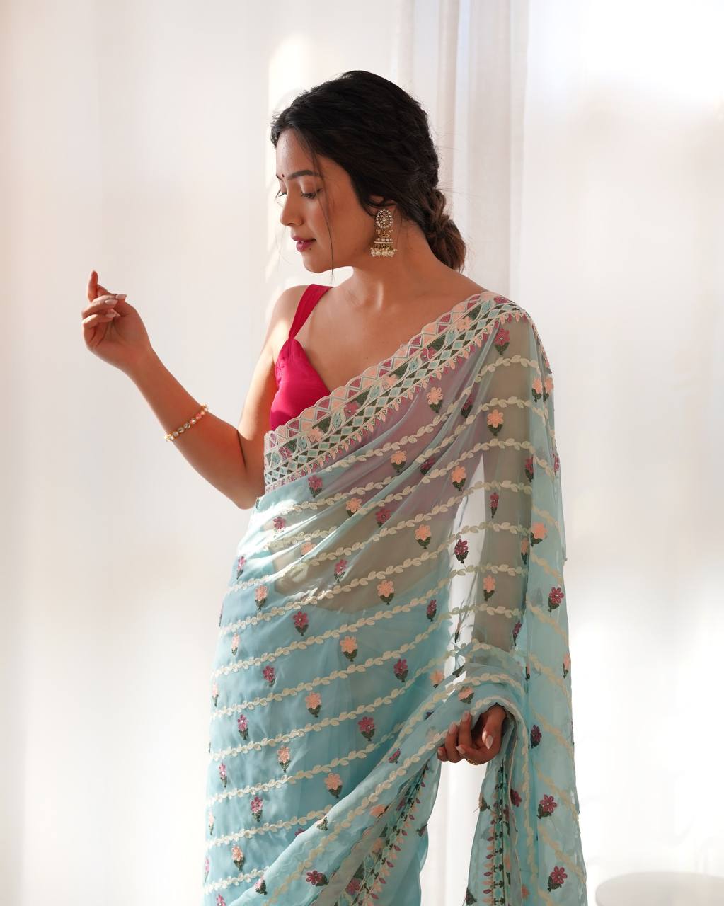 Teeya Creation Gajari Color Thai Organza Silk Embroidery Work Saree - Distacart