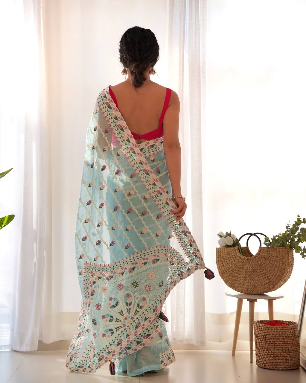 Teeya Creation Gajari Color Thai Organza Silk Embroidery Work Saree - Distacart