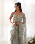 Thumbnail for Teeya Creation Sky Color Thai Organza Silk Embroidery Work Saree - Distacart