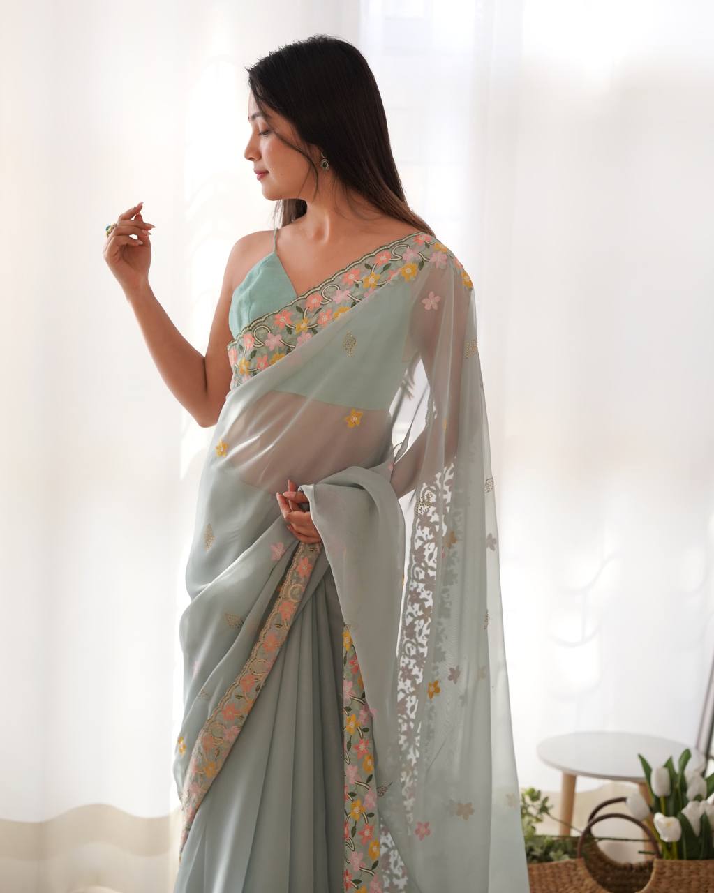Teeya Creation Sky Color Thai Organza Silk Embroidery Work Saree - Distacart