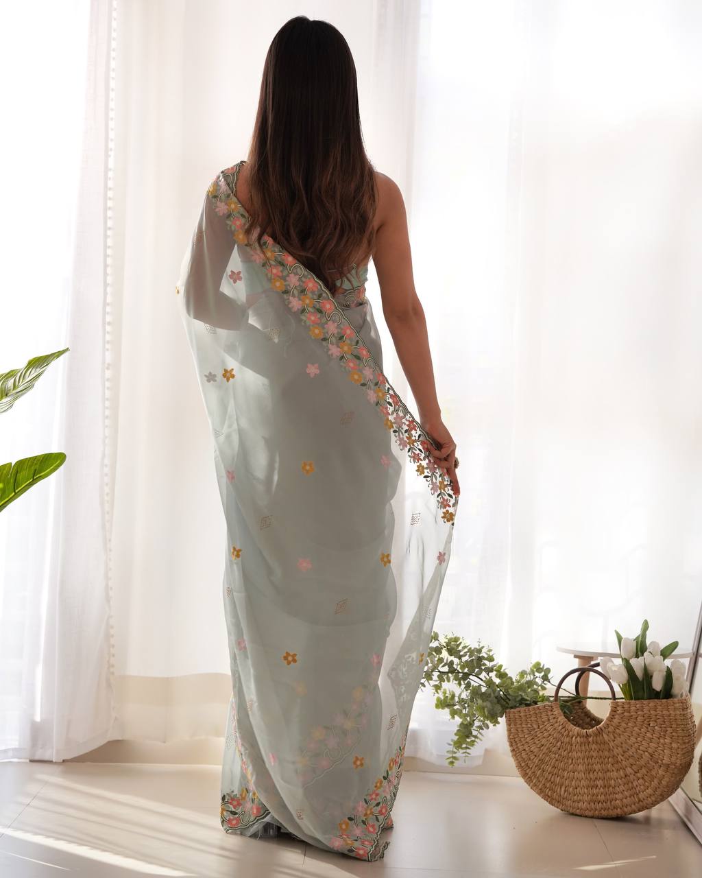 Teeya Creation Sky Color Thai Organza Silk Embroidery Work Saree - Distacart