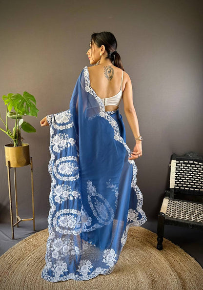 Teeya Creation Blue Color Thai Organza Silk Embroidery Work Saree - Distacart