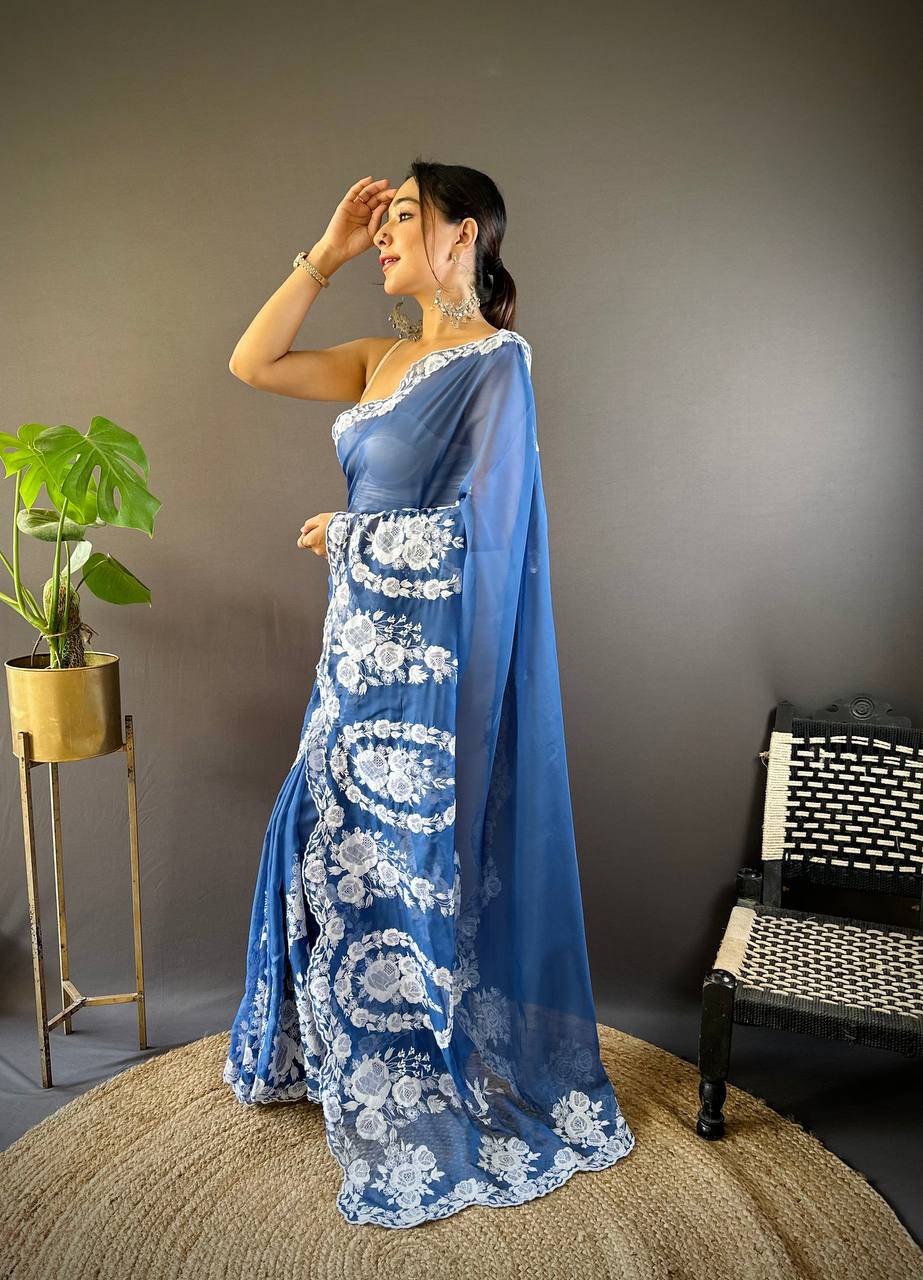 Teeya Creation Blue Color Thai Organza Silk Embroidery Work Saree - Distacart