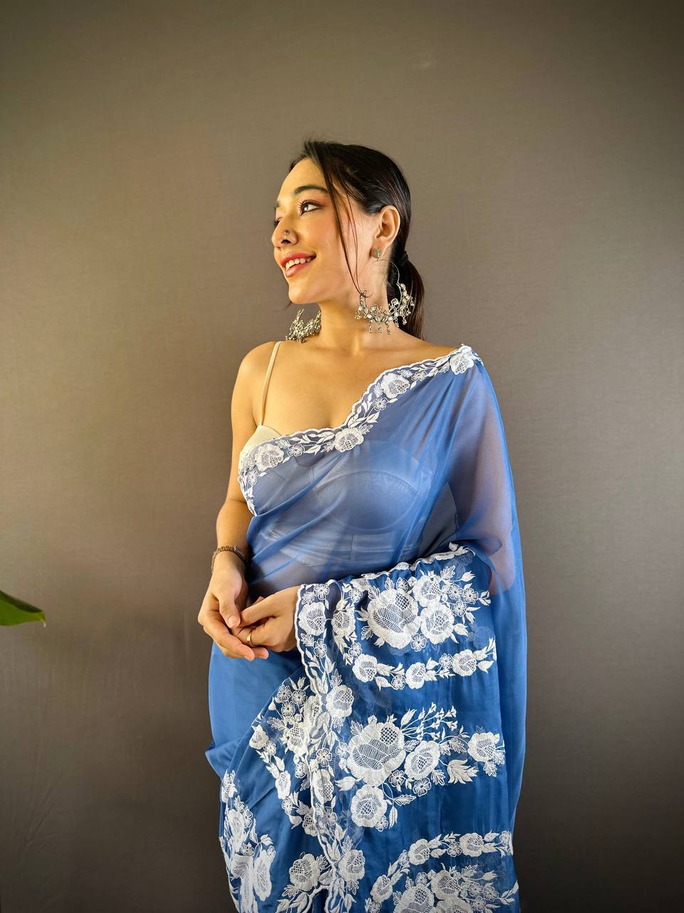Teeya Creation Blue Color Thai Organza Silk Embroidery Work Saree - Distacart