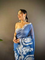 Thumbnail for Teeya Creation Blue Color Thai Organza Silk Embroidery Work Saree - Distacart