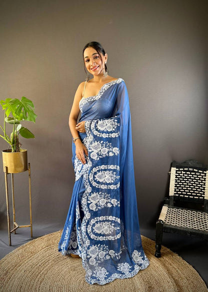 Teeya Creation Blue Color Thai Organza Silk Embroidery Work Saree - Distacart
