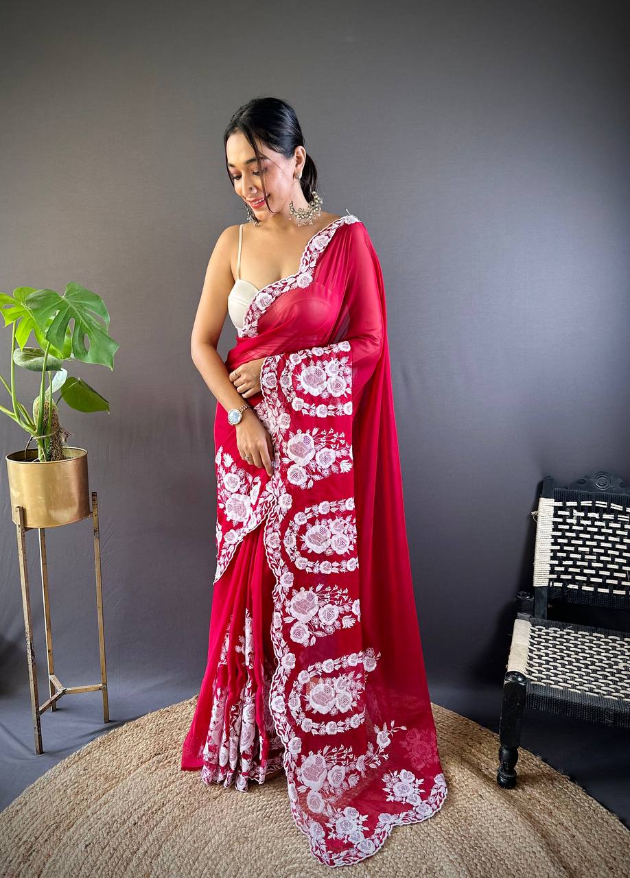 Teeya Creation Red Color Thai Organza Silk Embroidery Work Saree - Distacart