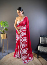 Thumbnail for Teeya Creation Red Color Thai Organza Silk Embroidery Work Saree - Distacart
