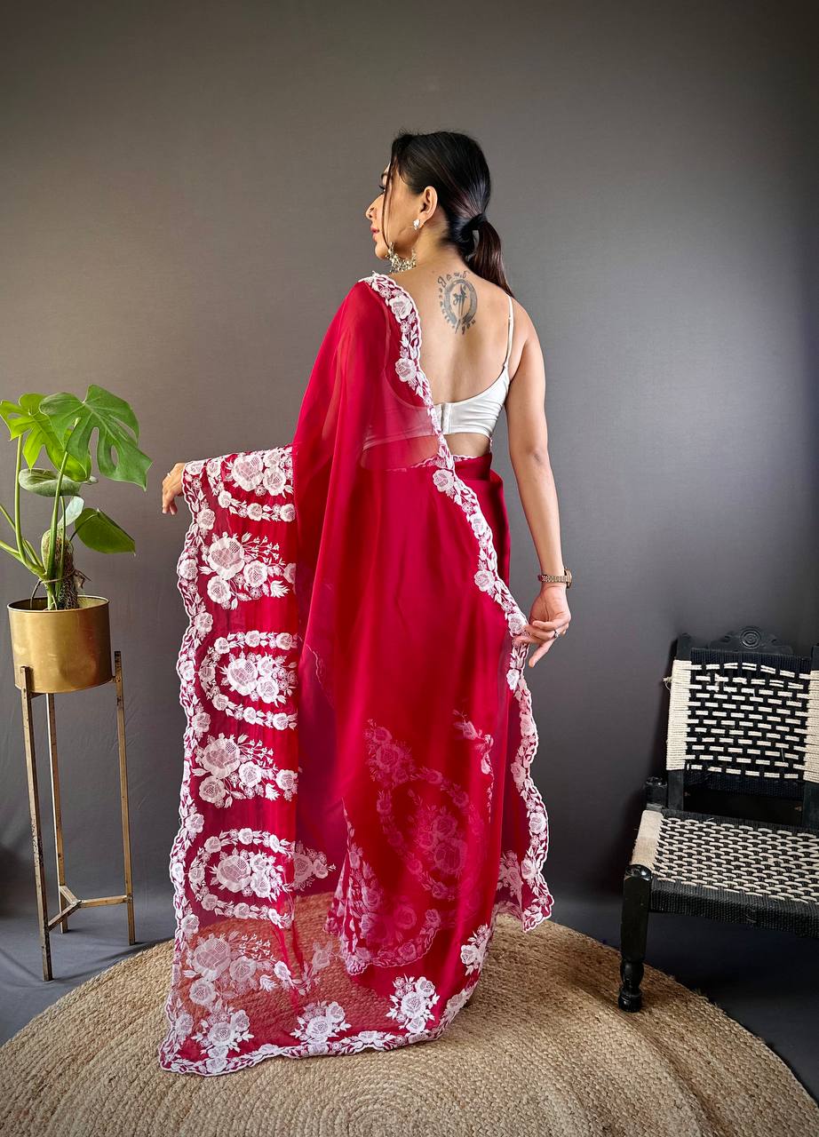 Teeya Creation Red Color Thai Organza Silk Embroidery Work Saree - Distacart