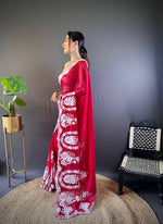 Thumbnail for Teeya Creation Red Color Thai Organza Silk Embroidery Work Saree - Distacart