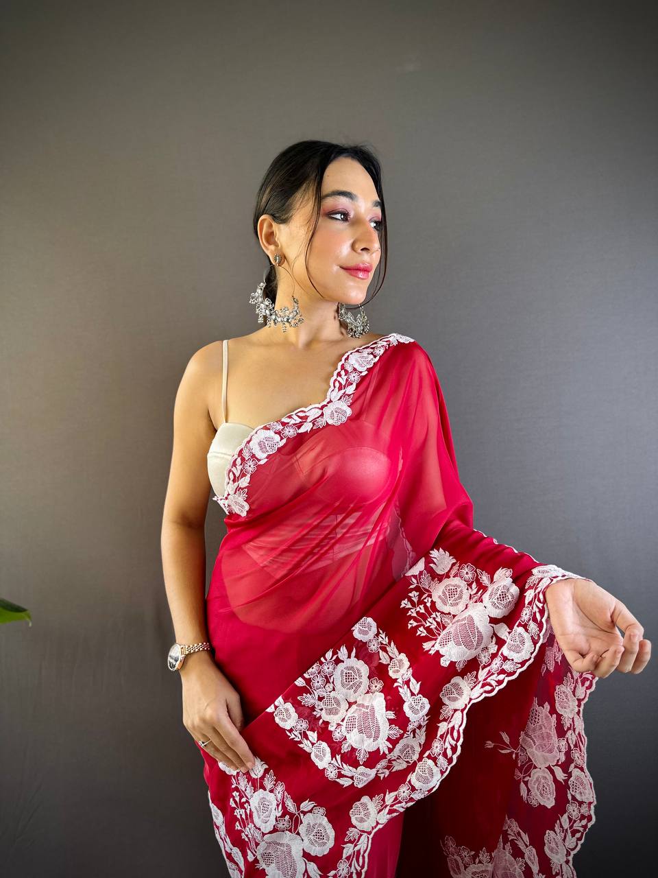 Teeya Creation Red Color Thai Organza Silk Embroidery Work Saree - Distacart