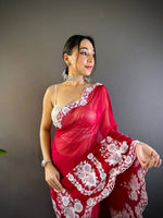 Thumbnail for Teeya Creation Red Color Thai Organza Silk Embroidery Work Saree - Distacart