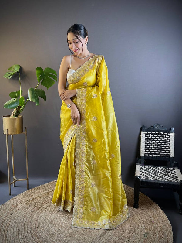 Teeya Creation Lemon Yellow Color Gold Crush Embroidery Work Saree - Distacart