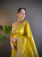 Thumbnail for Teeya Creation Lemon Yellow Color Gold Crush Embroidery Work Saree - Distacart