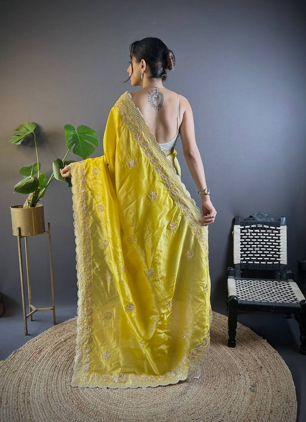Teeya Creation Lemon Yellow Color Gold Crush Embroidery Work Saree - Distacart