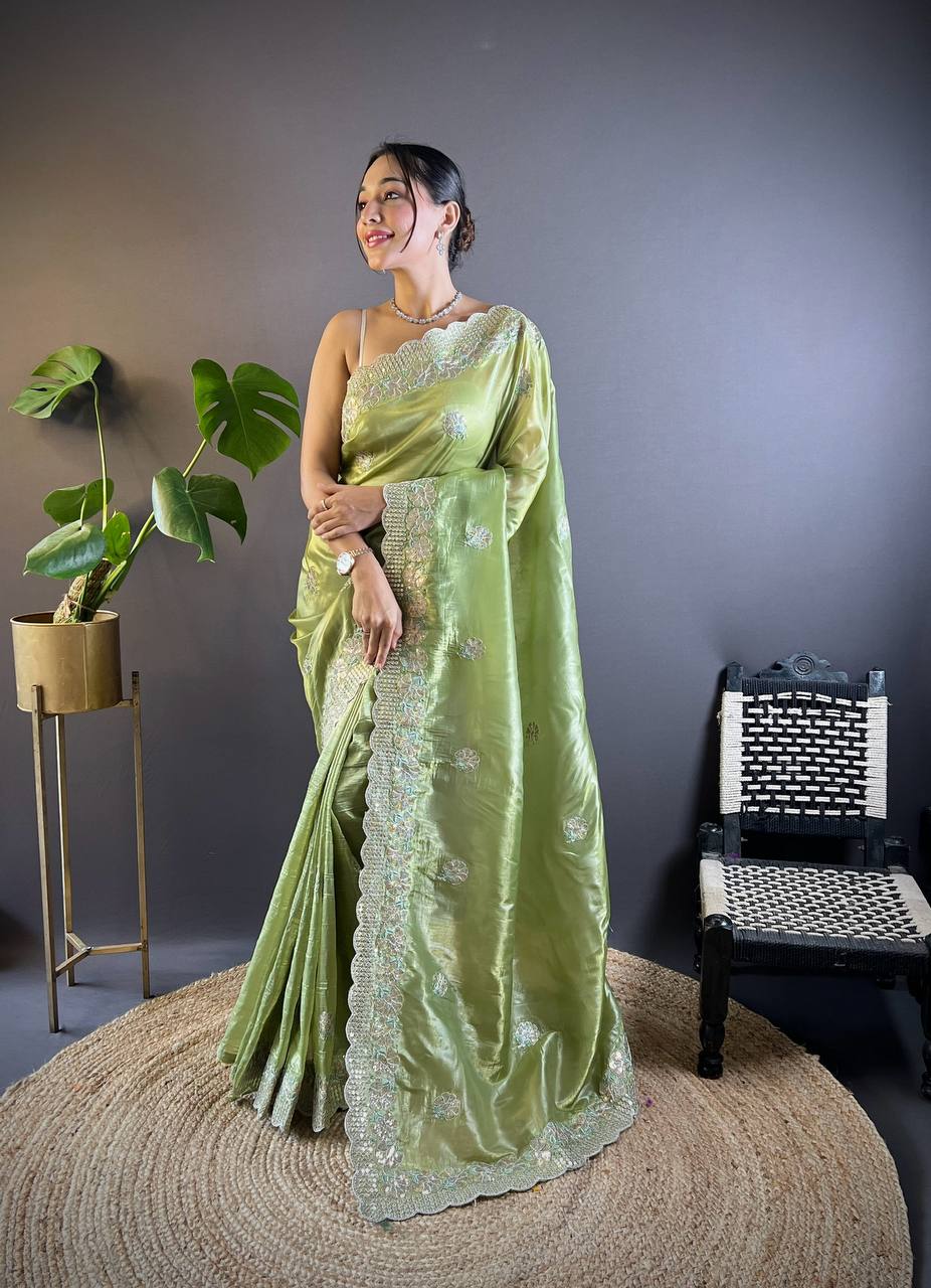 Teeya Creation Parrot Color Gold Crush Embroidery Work Saree - Distacart