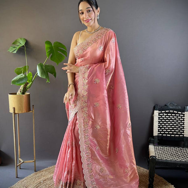 Teeya Creation Peach Color Gold Crush Embroidery Work Saree - Distacart