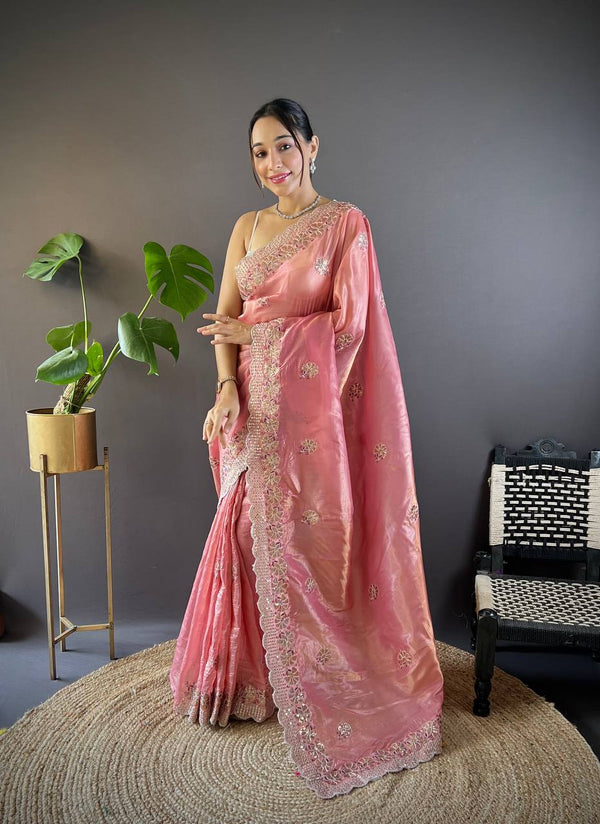 Teeya Creation Peach Color Gold Crush Embroidery Work Saree - Distacart
