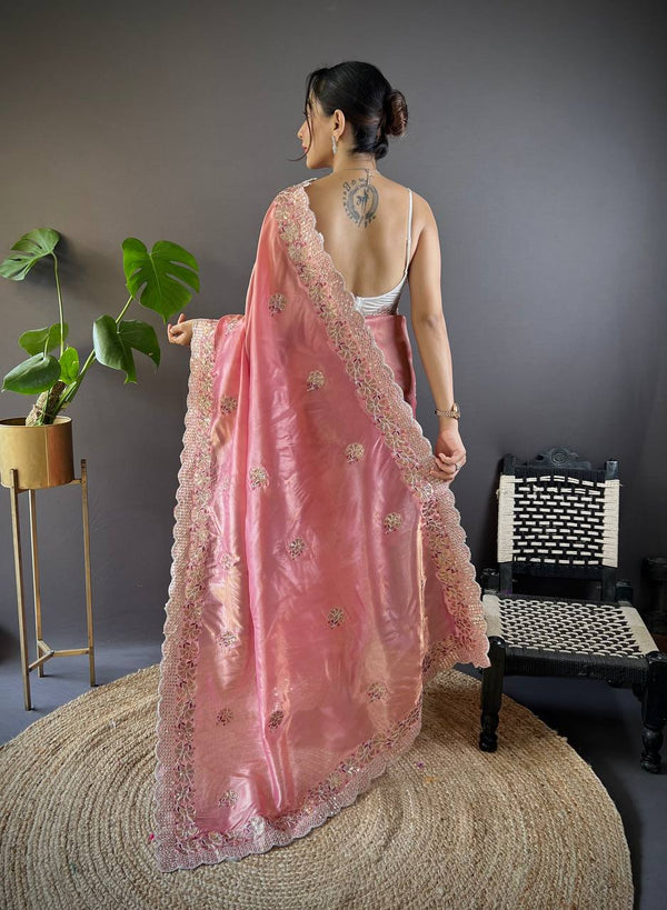 Teeya Creation Peach Color Gold Crush Embroidery Work Saree - Distacart