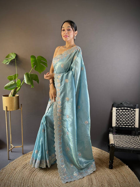 Teeya Creation Sky Color Gold Crush Embroidery Work Saree - Distacart