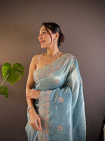 Thumbnail for Teeya Creation Sky Color Gold Crush Embroidery Work Saree - Distacart