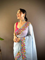 Thumbnail for Teeya Creation Sky Color Gold Crush Embroidery Work Saree - Distacart