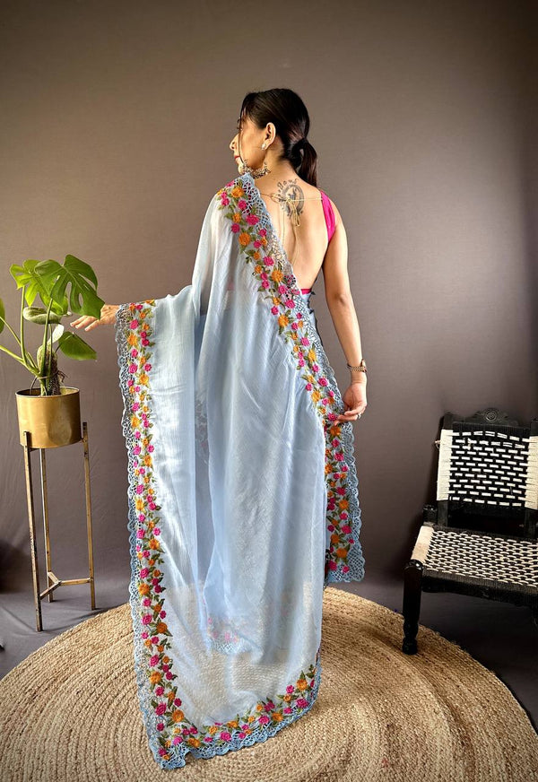 Teeya Creation Sky Color Gold Crush Embroidery Work Saree - Distacart