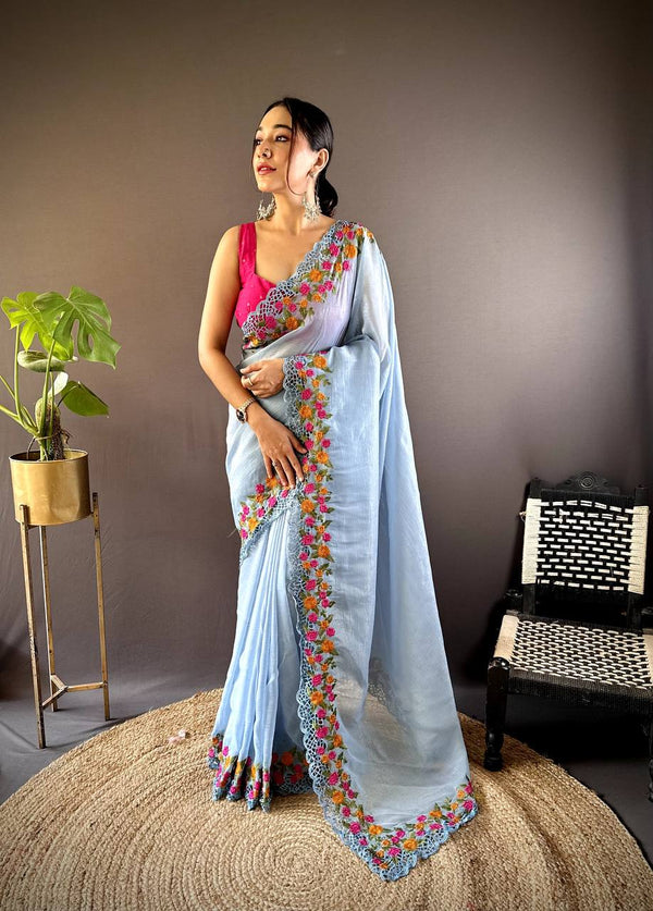 Teeya Creation Sky Color Gold Crush Embroidery Work Saree - Distacart
