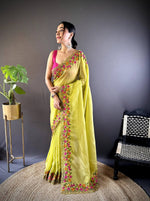 Thumbnail for Teeya Creation Olive Color Gold Crush Embroidery Work Saree - Distacart