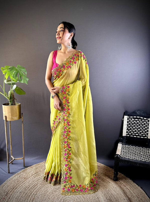Teeya Creation Olive Color Gold Crush Embroidery Work Saree - Distacart