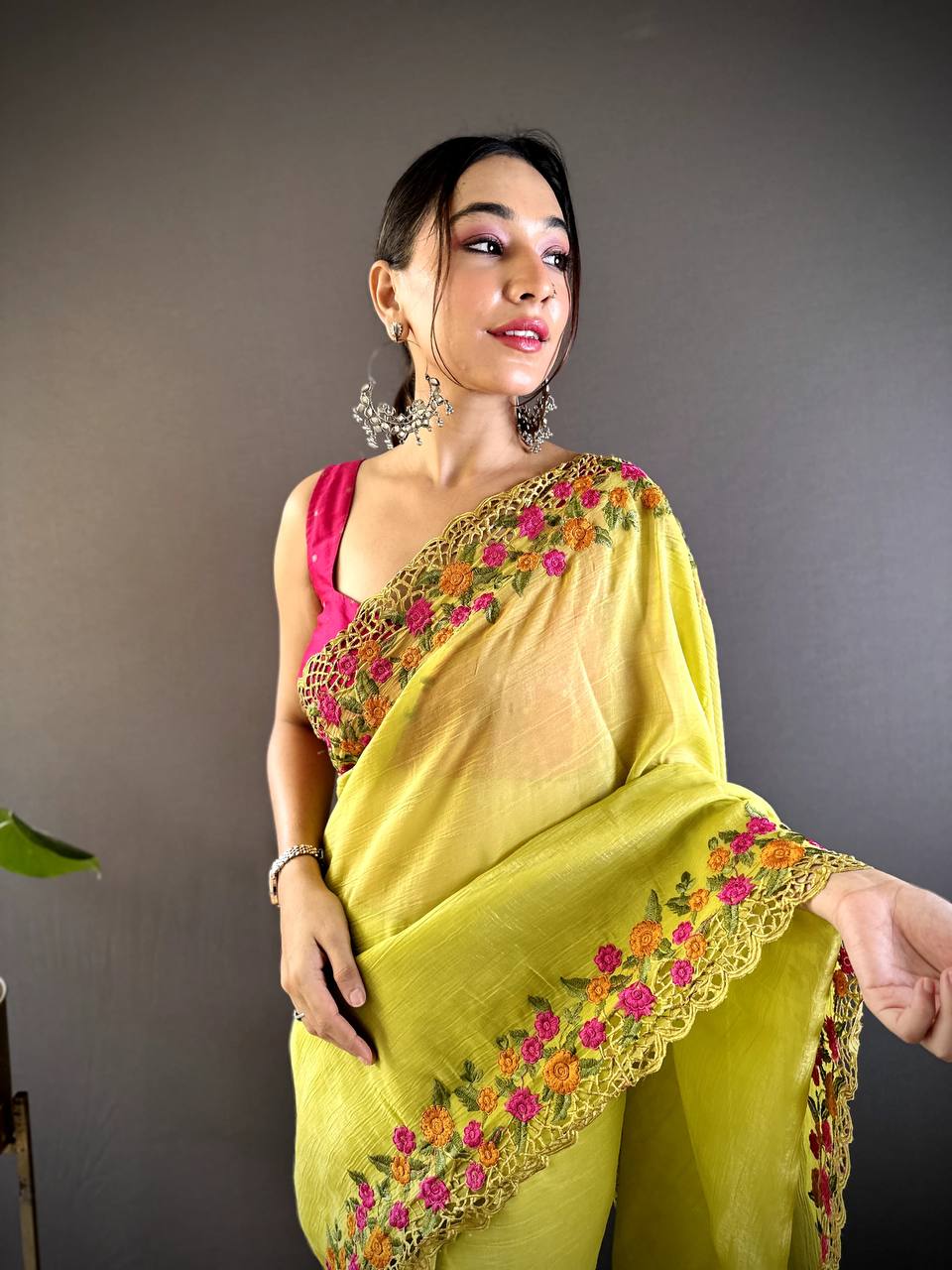 Teeya Creation Olive Color Gold Crush Embroidery Work Saree - Distacart