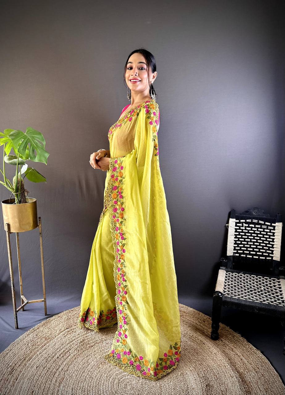 Teeya Creation Olive Color Gold Crush Embroidery Work Saree - Distacart