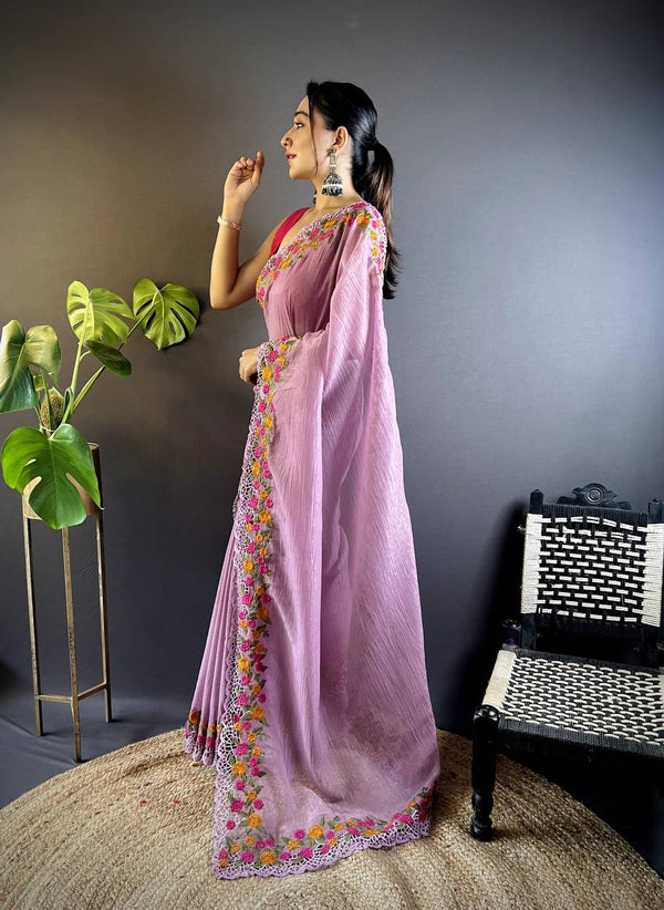 Teeya Creation Onion Color Gold Crush Embroidery Work Saree - Distacart