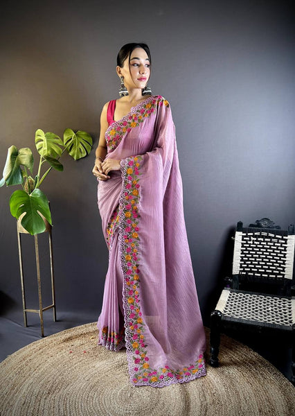 Teeya Creation Onion Color Gold Crush Embroidery Work Saree - Distacart