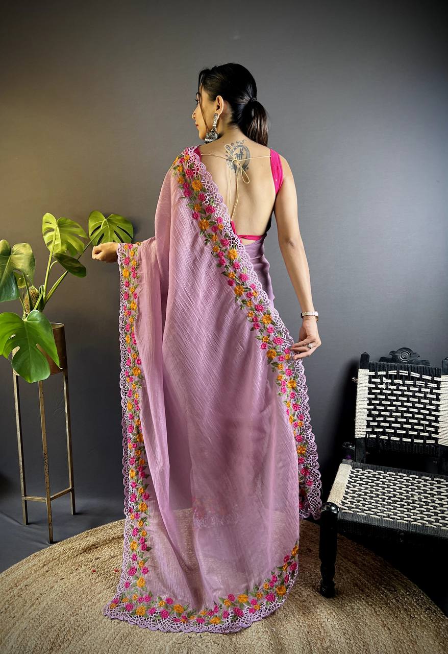 Teeya Creation Onion Color Gold Crush Embroidery Work Saree - Distacart