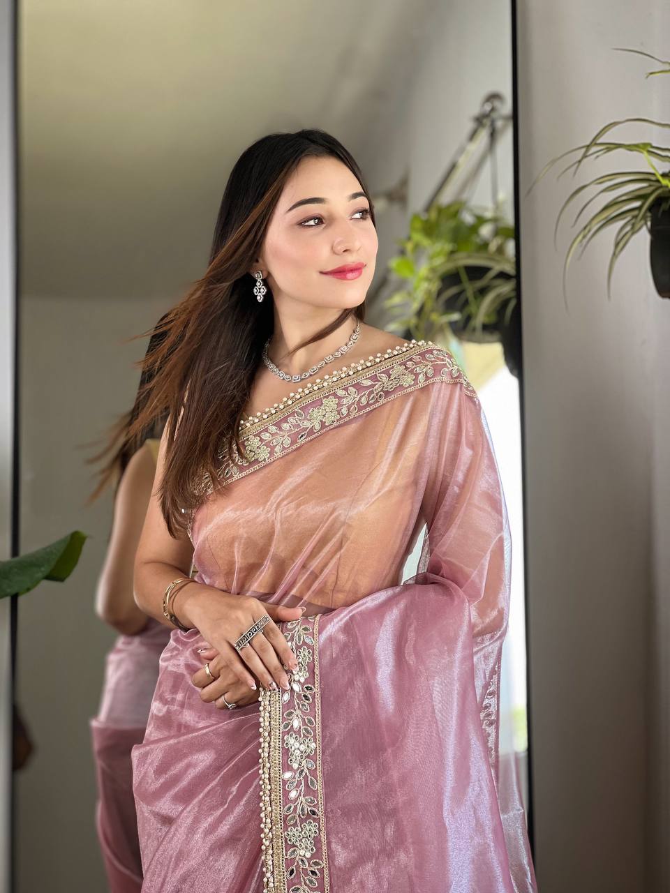 Teeya Creation Lavender Color Silver Tissue Silk Embroidery And Mirror Work Saree - Distacart