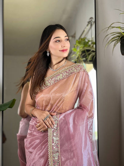 Teeya Creation Lavender Color Silver Tissue Silk Embroidery And Mirror Work Saree - Distacart