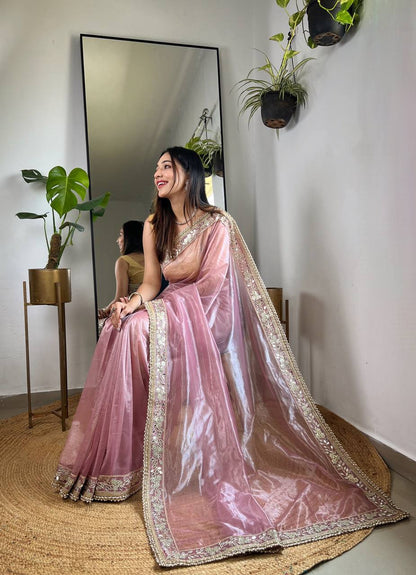 Teeya Creation Lavender Color Silver Tissue Silk Embroidery And Mirror Work Saree - Distacart