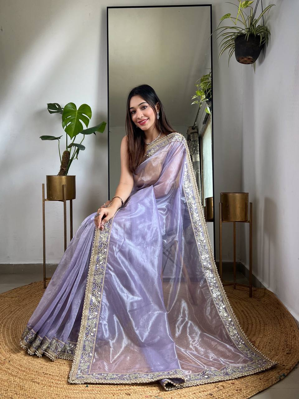 Teeya Creation Lavender Color Silver Tissue Silk Embroidery And Mirror Work Saree - Distacart