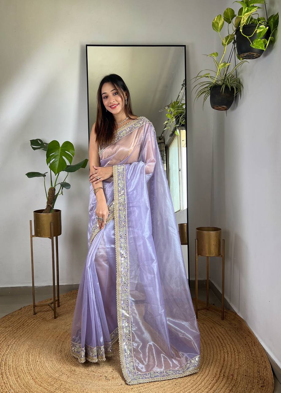 Teeya Creation Lavender Color Silver Tissue Silk Embroidery And Mirror Work Saree - Distacart