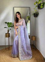 Thumbnail for Teeya Creation Lavender Color Silver Tissue Silk Embroidery And Mirror Work Saree - Distacart