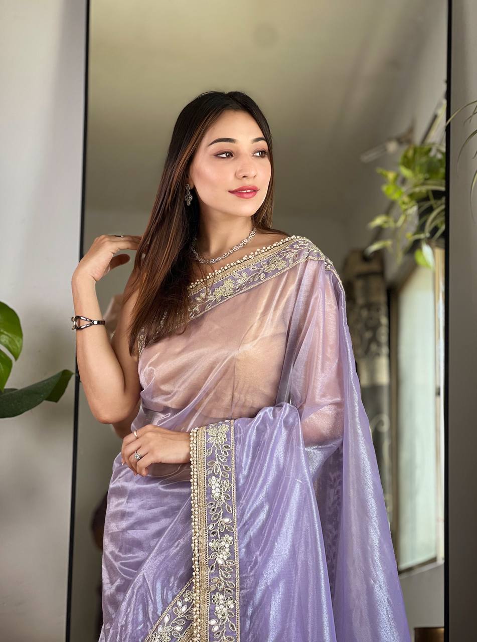 Teeya Creation Lavender Color Silver Tissue Silk Embroidery And Mirror Work Saree - Distacart