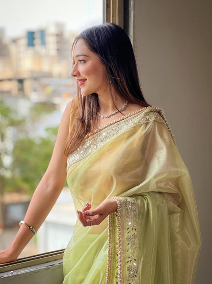 Teeya Creation Lavender Color Silver Tissue Silk Embroidery And Mirror Work Saree - Distacart
