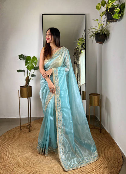 Teeya Creation Lavender Color Silver Tissue Silk Embroidery And Mirror Work Saree - Distacart