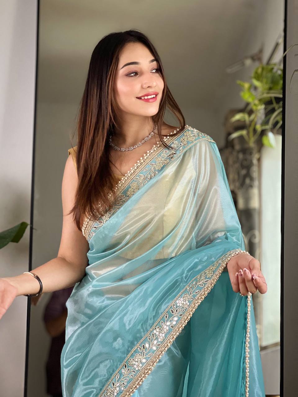 Teeya Creation Lavender Color Silver Tissue Silk Embroidery And Mirror Work Saree - Distacart