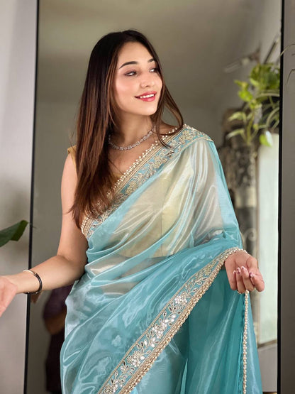 Teeya Creation Lavender Color Silver Tissue Silk Embroidery And Mirror Work Saree - Distacart