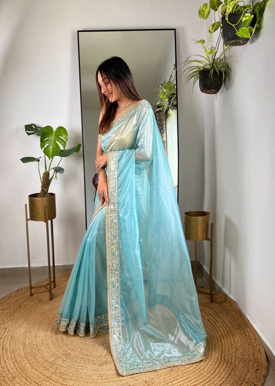 Teeya Creation Lavender Color Silver Tissue Silk Embroidery And Mirror Work Saree - Distacart